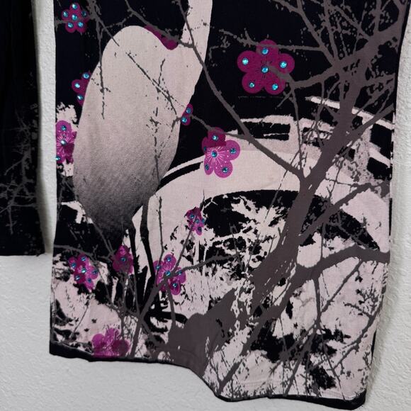 Christian Audigier Crystal Rock Top Womens XS Crane Blossom Y2K Tunic Shirt Tee - Picture 8 of 12